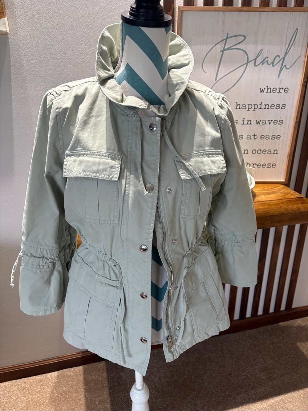 Light Sage Utility Jacket with Drawstring Waist